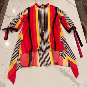 Nygard Women XL Bright Pink Stripe Tie Sleeve Button Tunic Blouse Top Colorful